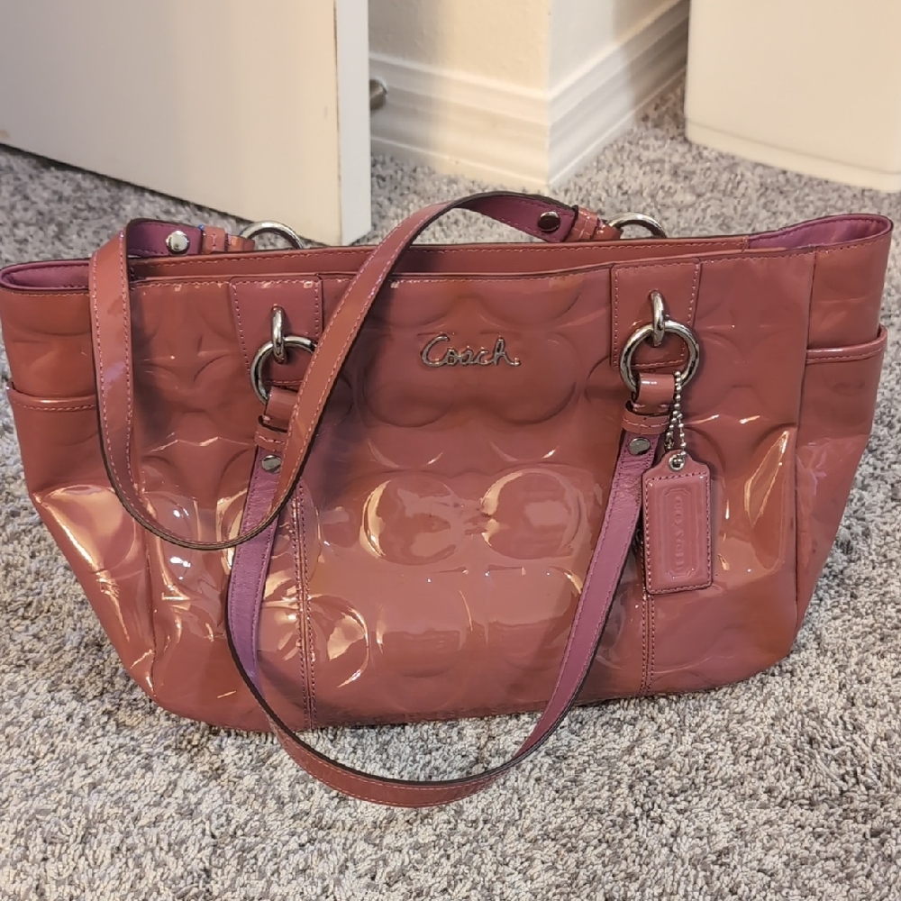Coach Patent Leather Signature Tote Bag Pink Coral Large Shoulder Bag